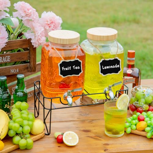 2-Pack1Gallon Glass Drink Dispensers for Parties,Beverage Dispenser with Stainless Steel Leakproof Spigot/Stand/Bamboo Lids/Fruit Infuser/Chalkboard Labels.for Lemonade & Iced Tea,Party Drinks