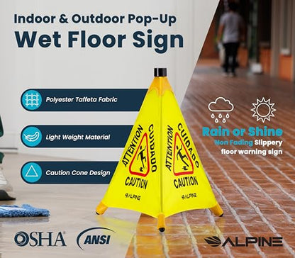 Alpine Caution Wet Floor Sign 6 Pack - Pop Up Slippery When Wet Sign, Wall Mounted Foldable Bilingual Yellow Safety Warning Caution Cone for Commercial & Office Use (20 Inches) - size: 6-Pack