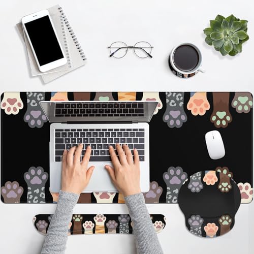 Arttown Keyboard Mouse Pad Set, 4 in 1 Desk Mat Set Cat Dog - color: Colorful Pet Paws