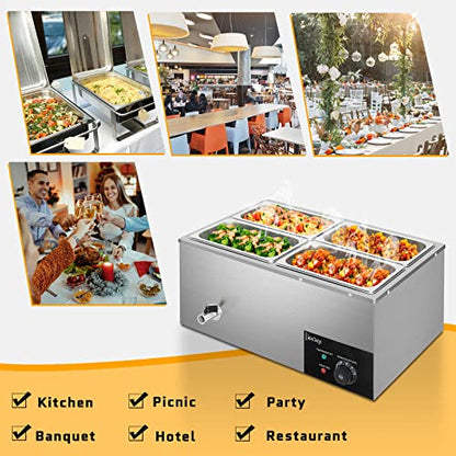 Winado 110V 4-Pan Commercial Food Warmer, 21QT Electric Steam Table 6 Inch Deep, 600W Countertop Stainless Steel Food Soup Buffet w/Temperature Control & Lid for Catering, Restaurant, Party - size: 21 QT/4 Pan