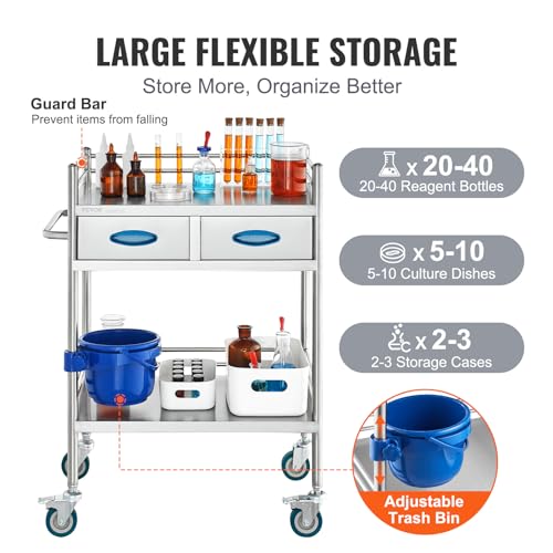 VEVOR Lab Serving Cart Utility Cart Stainless Steel Medical Cart with Two Drawers for lab Equipment Use Grade I Stainless Steel Utility Services (2 Shelves/ 2 Drawer) - style: Utility Cart