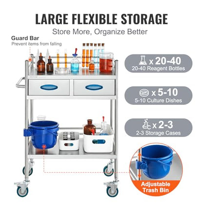 VEVOR Lab Serving Cart Utility Cart Stainless Steel Medical Cart with Two Drawers for lab Equipment Use Grade I Stainless Steel Utility Services (2 Shelves/ 2 Drawer) - style: Utility Cart