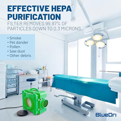 BlueDri Air Shield 550 HEPA Air Scrubber, Water Damage Restoration Equipment Air Purifier, Covers 1400 Sq. Ft, Daisy Chain Capable, For Commercial Use, Green, BD-AS-550 - color: Green