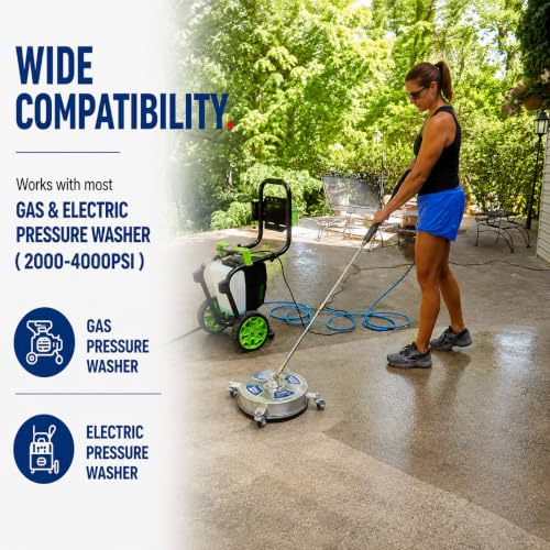 14 Inch Pressure Washer Surface Cleaner – Stainless Steel, 2000–4000 PSI Power Washer Attachment with Wheels, Extension Wands & Quick Connect – Driveway, Patio, Sidewalk, Deck Cleaning Tool