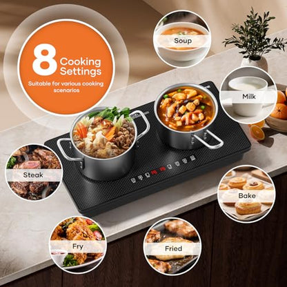 1800W Double Induction Cooktop with Dual 900W Burners, Minimalist Design, Touch Control, 8 Power Levels, Timer & Safety Lock for Kitchen RV Countertop Use