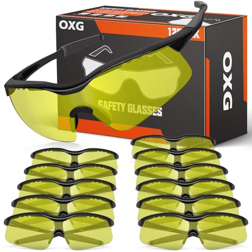 OXG 12 Pack Safety Glasses, ANSI Z87.1 Protective Eyewear for Men Women - color: Yellow
