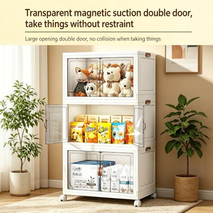 3 Pack 378.6QT Foldable Storage Bins with Magnetic Doors & Lockable Wheels, Tool-Free Large Plastic Stackable Organizer Box for Bedroom Kitchen Bathroom Dorm Office Garage - size: 3PACK-27.56"W17.91"D47.24"H