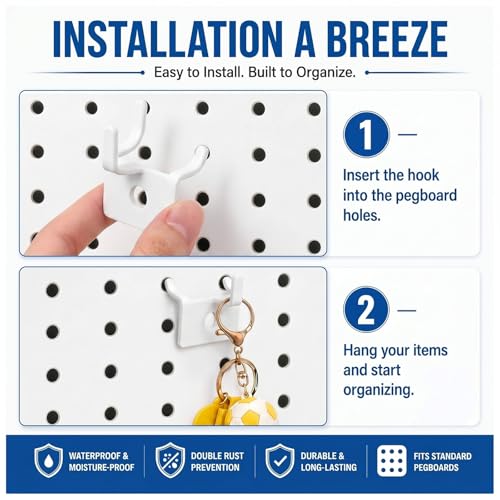 Tandefio 50 Pcs Pegboard Hooks, Picture Hangers for 1/8 & 1/4 in, White - color: White