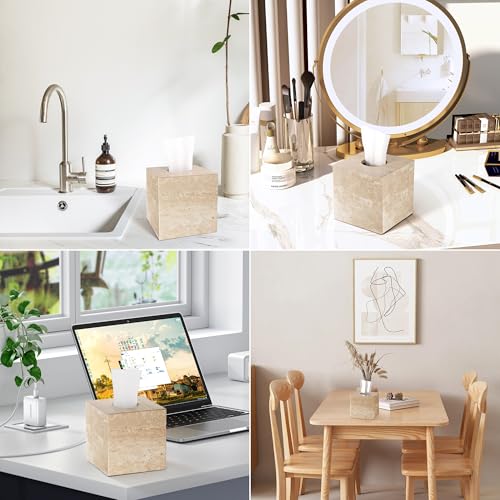 Natural Travertine Marble Tissue Box Holder Cover, Square Cube Tissue Box Holder with Open Bottom for Bathroom Vanity Tops, Bedroom Dressers, Kitchen Countertop, Travertine Beige(NS022) - color: Beige
