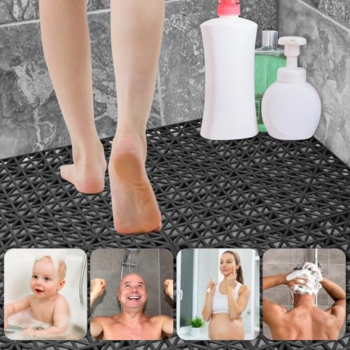 ToLanbbt Modular Interlocking Cushion 55P 11.8" x 11.8" Interlocking Rubber Floor Drain Holes Non-Slip Splicing Drainage Mats for Deck, Shower, Kitchen, Drain Pool, Sauna Bath, Indoor Outdoor (Black) - size: 55 PCS