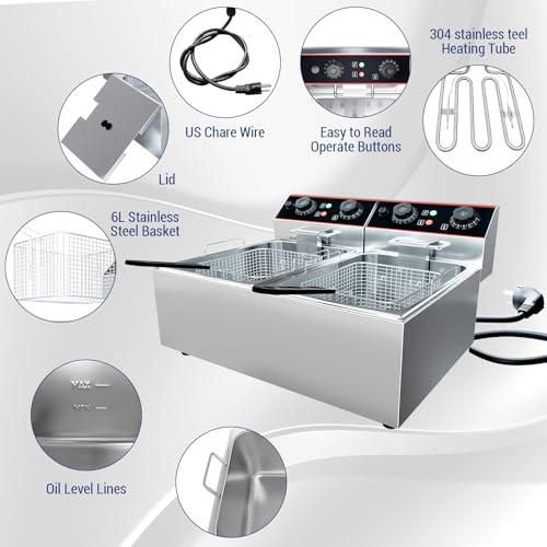 23 QT Commercial Deep Fryer with Double Baskets and Lid, Electric Stainless Steel Countertop Commercial Oil Fryer, Adjustable Temperature Control, for Kitchen and Restaurant
