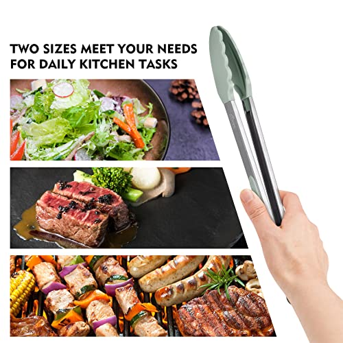 HOTEC Stainless Steel Kitchen Tongs with Silicone Tips, Set of 2-9" and 12" - color: Light Green:12+9inch