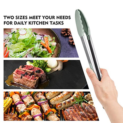 HOTEC Stainless Steel Kitchen Tongs with Silicone Tips, Set of 2-9" and 12" - color: Light Green:12+9inch