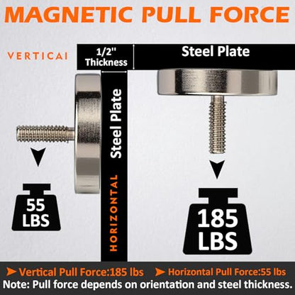 MUTUACTOR Heavy Duty Magnets,8PCS Super Strong Neodymium Rare Earth Magnets,185lbs Anti-Broken Magnetic Mount Round Magnets 1/4-20” Male Threaded for LED Lighting Camera Mount Tools Bracket - size: 185 lbs 1/4-20" Male 8pcs