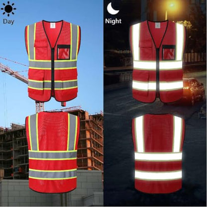 Reflective Safety Vest for Men Women Hi Vis Vest with 8 Pockets High Visibility Mesh Reflective Vest (Red-07,Large) - color: Red, size: Large