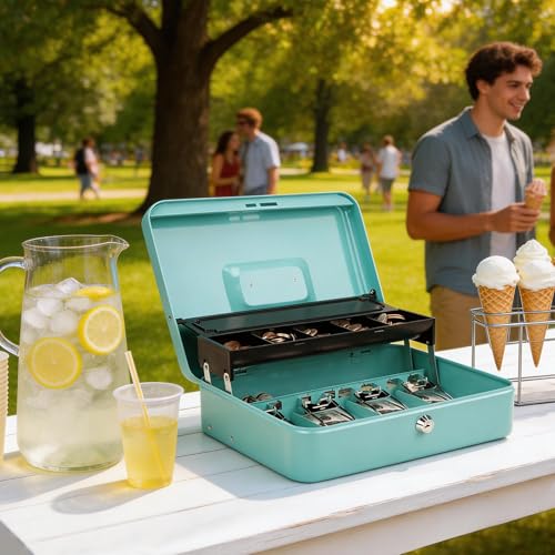 Cash Box with Key Lock & Auto-Pop Coin Tray – Secure Steel Money Box with 4 Upgraded Finger-Safe Bill Clips, Premium Smooth Scratch-Resistant Coating, 11.8"L x 9.5"W x 3.5"H, KL Teal - color: KL Teal