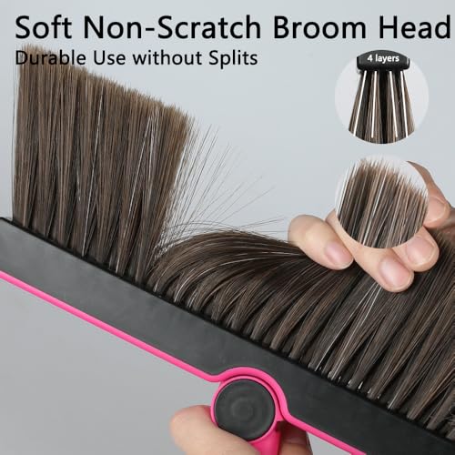 Triangular Indoor Broom and Dustpan Comb Set, 180° Rotating, Soft Bristle Long Handle Upright Sweeping Angled Broom with Self-Cleaning Teeth for Home, Kitchen, Office, Wood Floor (Black Pink) - color: Black Pink