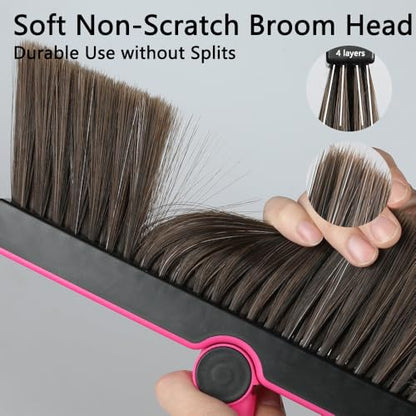 Triangular Indoor Broom and Dustpan Comb Set, 180° Rotating, Soft Bristle Long Handle Upright Sweeping Angled Broom with Self-Cleaning Teeth for Home, Kitchen, Office, Wood Floor (Black Pink) - color: Black Pink