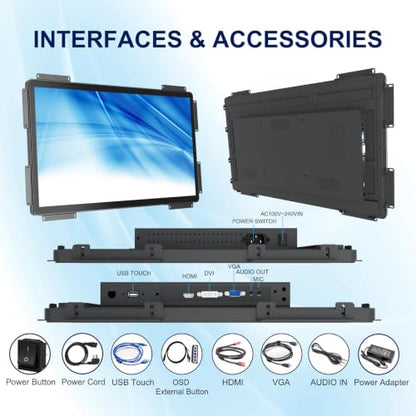 FHD Industrial Touch Display, 32 Inch Open Frame Capacitive Touch Monitor, Commercial Touch Screen Display with HD-MI VGA Ports, Large Open Frame Design Touch Screen - size: 32.0