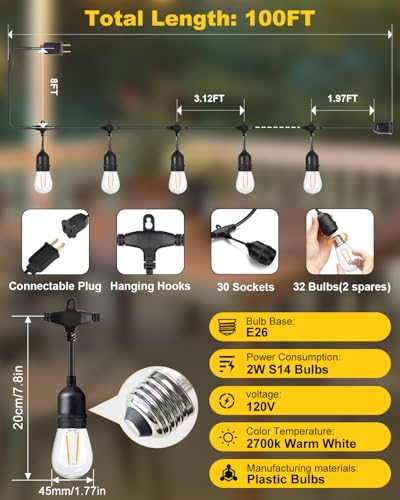 BRIMAX 2W 100FT Outdoor String Light Commercial Grade with 32 S14 LED Bulbs