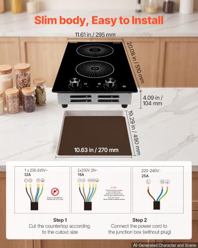 VEVOR 12 Inch Induction Cooktop 2 Burners,Built-in Electric Stove Top, Knob Control,Ceramic Glass Surface,Low-Power Continuous Heating,11 Power Levels,Child Lock, 3500W,220V No Plug - size: 12In-Knob