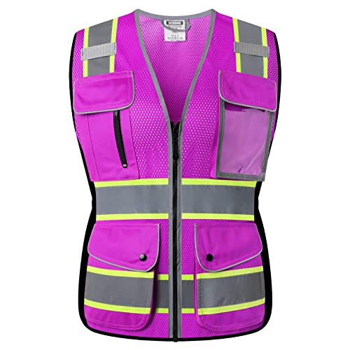 Reflective Safety Vest for Women Mesh High Visibility Vest with 8 Pockets and Front Zipper High Vis Vest Work Vests (Purple-16, Medium) - color: Purple, size: Medium