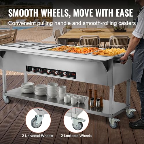 VEVOR 5-Pan Commercial Food Warmer, 5 x 20.6QT Electric Steam Table, 3750W Professional Buffet Catering Food Warmer with 4 Wheels (2 Lockable), Food Grade Stainless Steel Server for Party Restaurant - size: 5-Pan (103 QT)