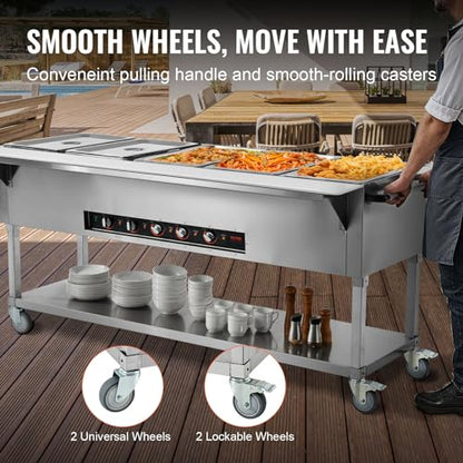 VEVOR 5-Pan Commercial Food Warmer, 5 x 20.6QT Electric Steam Table, 3750W Professional Buffet Catering Food Warmer with 4 Wheels (2 Lockable), Food Grade Stainless Steel Server for Party Restaurant - size: 5-Pan (103 QT)
