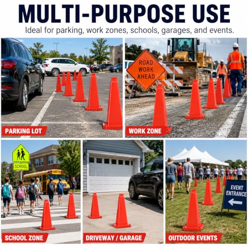 BESEA 3 Pack 36 Inch Red Traffic Cones with Weighted Base - color: Red, size: 36INCH