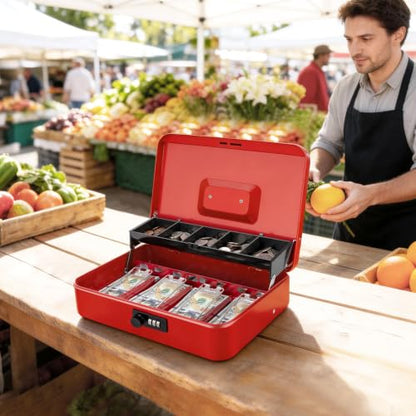 Jssmst Metal Cash Box with Money Tray and Lock, Portable Cash Drawer, 11.8" - color: Red Code-A