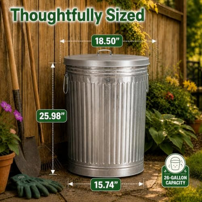 Gardenised Round Galvanized Steel, 26 Gallon Trash Can with Lid - Durable Metal Bucket for Backyard, Lawn, Garden and Yard Use - Weather-Resistant Garbage Can for Indoor and Outdoor, 28-inch - size: 26 Gallons