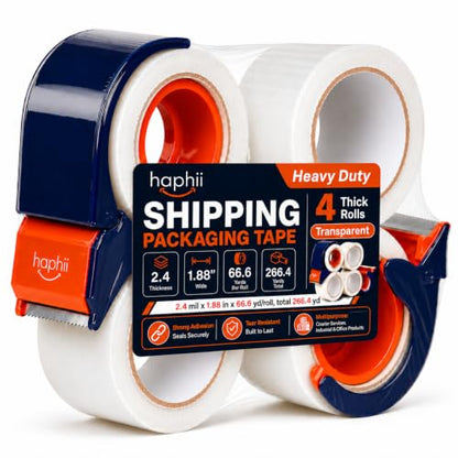 Packing Tape with Dispenser, Heavy-Duty Clear BOPP Shipping Tape with Dispenser, 48 mm x 66.6 yd, 4 Rolls + 2 Dispensers