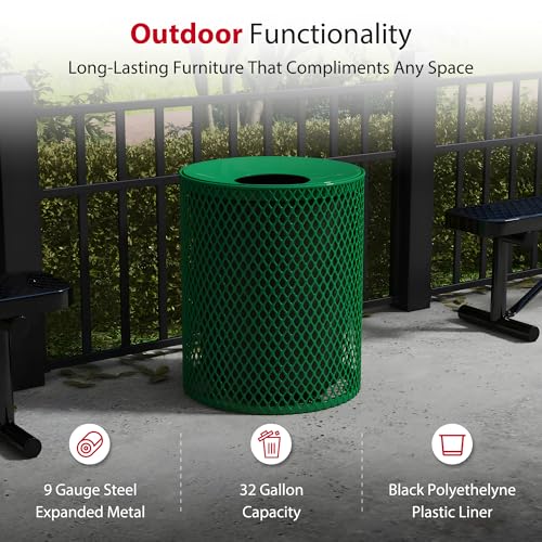 Leisure Craft 32 Gallon Commercial Outdoor Trash Can, Metal, Made in USA - color: Green