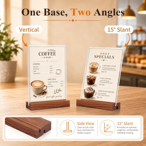 5x7 Acrylic Sign Holder with Wooden Base 4 Pack Adjustable Vertical/Tilt - color: Warm Brown, size: 5"x7"
