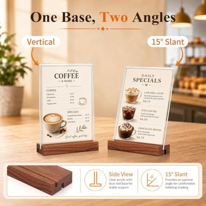 5x7 Acrylic Sign Holder with Wooden Base 4 Pack Adjustable Vertical/Tilt - color: Warm Brown, size: 5"x7"