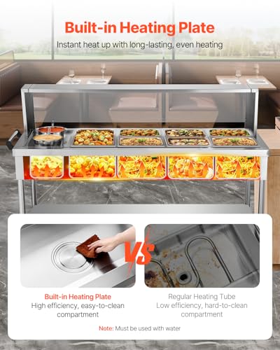 VEVOR Commercial Electric Food Warmer, 7 Pans + 2 Pots Steam Table, 1800W Professional Buffet Catering Food Warmer with Shield Undershelf Wheels, Stainless Steel Server for Party Restaurant - size: 7 Pans + 2 Pots