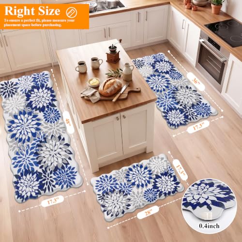 HEBE Anti Fatigue Kitchen Rugs Set of 3, Cushioned Kitchen Mats for Floor - color: Blue/Floral