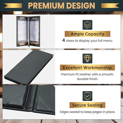 12 Pack 4 View Menu Holder Menu Covers 4.25" x 11" | Black Leather Menu Sleeves Book Style for Restaurant Coffee Bars Wine List - size: 4 View