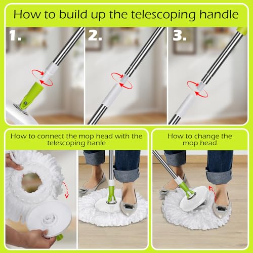 Masthome 360° Spin Mop Bucket 3 Microfiber Pads for Hardwood Floors - color: White