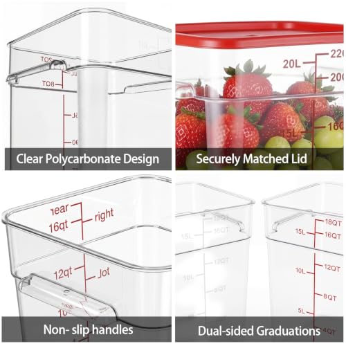 4 Pack Food Storage Containers with Red Lids, 22.0 Qt - Square, Clear, Polycarbonate, for Restaurant Commercial Kitchen and Home party - color: 22.0 Qt-Red Lids