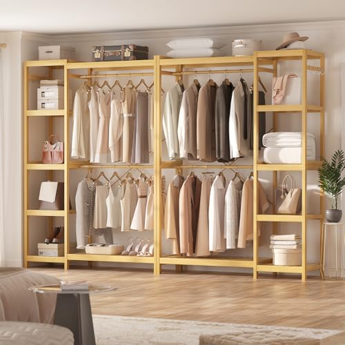 Homykic Bamboo Clothing Rack with 7 Adjustable Shelves, 2 Hang Rods - color: Natural, size: II Medium