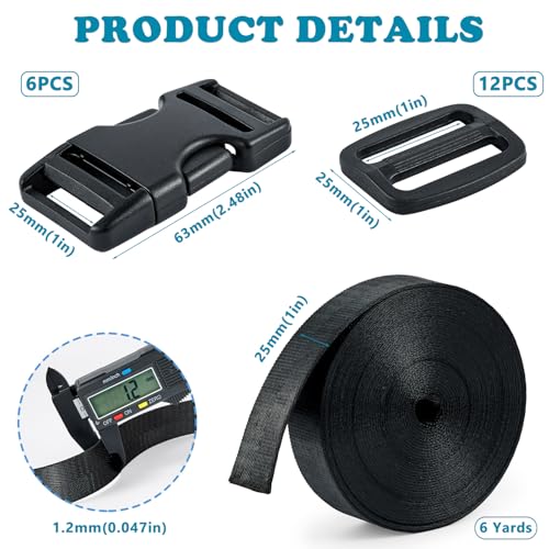 Buckle Straps Set 1'' - 6 Yards Nylon Webbing 1 inch, 6 PCS Dual Side Release Buckles, 12 PCS Tri-Glide Sliders, Heavy Duty Dual Adjustable No Sewing Kit - size: 1 inch