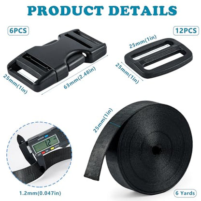 Buckle Straps Set 1'' - 6 Yards Nylon Webbing 1 inch, 6 PCS Dual Side Release Buckles, 12 PCS Tri-Glide Sliders, Heavy Duty Dual Adjustable No Sewing Kit - size: 1 inch