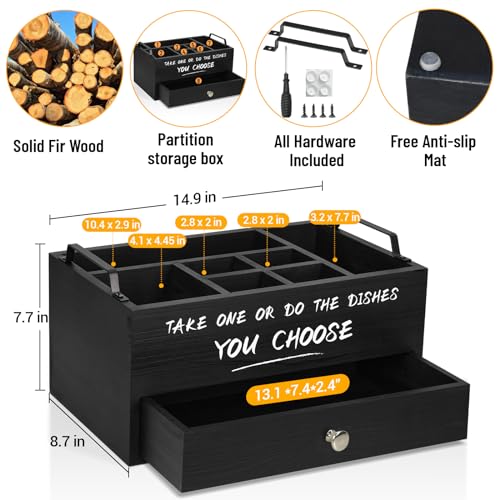 Paper Plate Dispenser with Drawer for Kitchen Countertop, Wooden Paper Plate Holder with Large Cup Holder, Rustic Wood Silverware Caddy Holder, Paper Plate Organizer Kitchen Accessories(Black-Drawer) - color: Black-Drawer