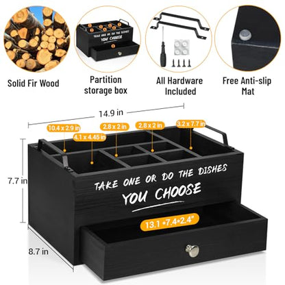 Paper Plate Dispenser with Drawer for Kitchen Countertop, Wooden Paper Plate Holder with Large Cup Holder, Rustic Wood Silverware Caddy Holder, Paper Plate Organizer Kitchen Accessories(Black-Drawer) - color: Black-Drawer