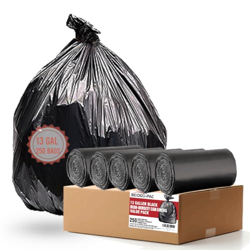 BEIDOU-PAC 13 Gallon Trash Bags, 250 Count Black Tall Kitchen Garbage bags, Multi-purpose Trash Can Bin Liners for Bathroom, Office, Industrial, Commercial, Janitorial, Municipal, Recycling - style: 13 Gallon |8 Micron |250 Count
