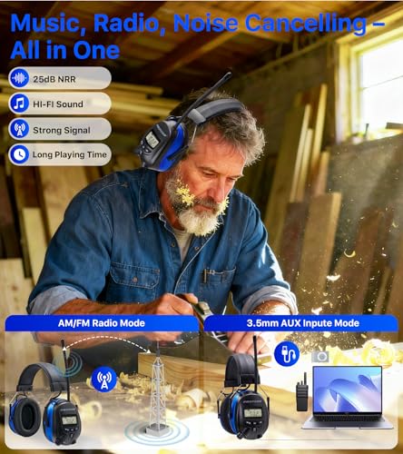 Digital AM/FM Radio Hearing Protection Earmuffs, 25 dB NRR - color: Am Fm Radio + Blue