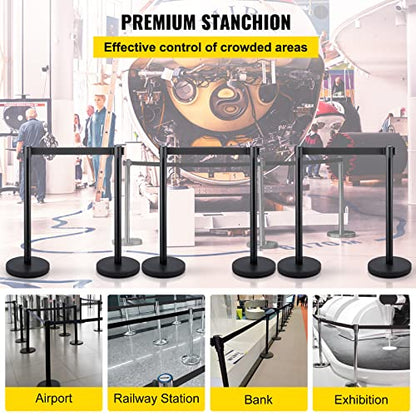 6PCS Stanchion Queue Post, Black 6.5ft Retractable Belt 36In Height, Stanchion Posts Queue Pole for Crowd Control Barriers