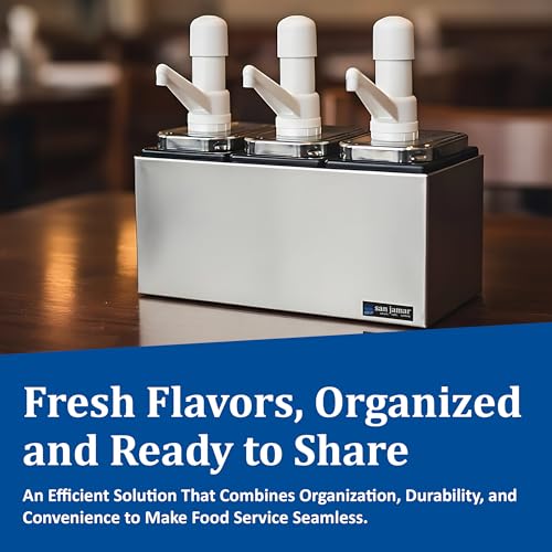 San Jamar CFS Jamar P9713 Stainless Steel Condiment Pump Service Center with 3 Wells Black Jars, 14" Length x 7-7/8" Width x 12-1/2" Height - style: 3 Pumps