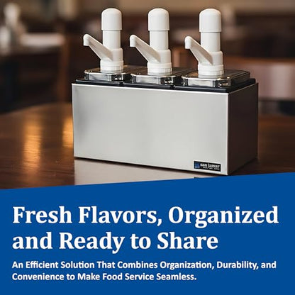 San Jamar CFS Jamar P9713 Stainless Steel Condiment Pump Service Center with 3 Wells Black Jars, 14" Length x 7-7/8" Width x 12-1/2" Height - style: 3 Pumps